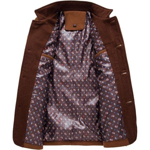 Men's Gentle Band Collar Single Breasted Wool Blend Pea Coat Brown - Picture 2 of 7